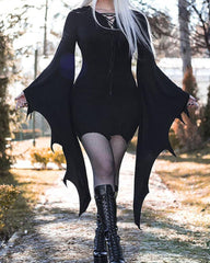 Solid Lace Up Asymmetrical Batwing Sleeve Mini Dress