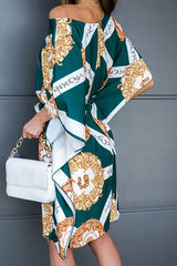 Allover Print Belted Asymmetrical Neck Dress