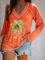 Casual Christmas Palm Tree Print Long Sleeve T-Shirt