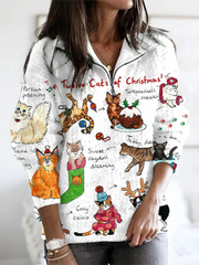 Vintage The Twelve Cats Of Christmas Print Knitted Warm Turtleneck Sweater