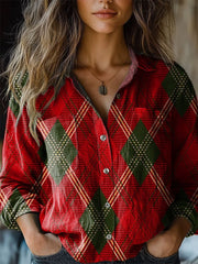Retro Christmas Atmosphere Plaid Print Casual Long Sleeve Comfortable Cotton Shirt
