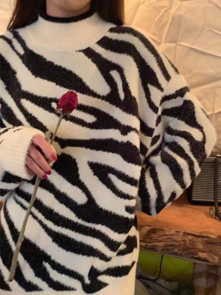 Zebra Jacquard Mock Neck Knit Sweater