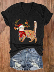 Christmas Cat Lights Print T-Shirt