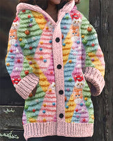 Christmas Tree Cat Embroidery Print Casual Hooded Cardigan