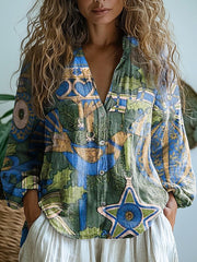 Christmas Peacock Art Print Casual Long Sleeve Comfortable Cotton Shirt