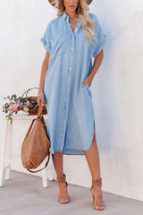 Button Down Split Hem Patch Pocket Denim Dress