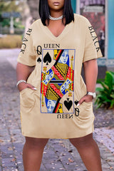 Poker Print Slant Pocket V Neck Dress