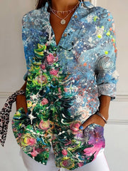 Glitter Christmas Tree Art Print Casual Cotton Shirt