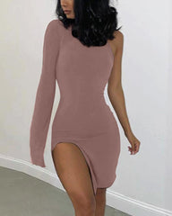 One Shoulder Split Hem Short Dress