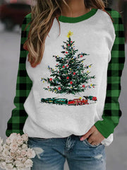 Classic Check Merry Christmas Tree Print Casual Sweatshirt