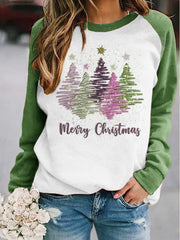 Shiny Christmas Tree Print Raglan Sleeve Sweatshirt