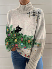 Christmas Cat Art Print Knit Turtleneck Pullover Sweater