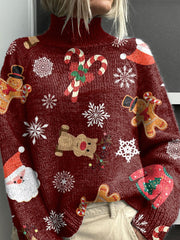 Red Christmas Santa Claus Christmas Tree Pattern Art Print Knit Turtleneck Pullover Sweater