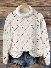 Christmas Reindeer Faces Embroidery Pattern Turtle Neck Cozy Sweater