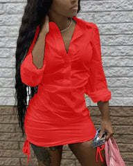 Solid Ruched Drawstring Button Front Mini Shirt Dress