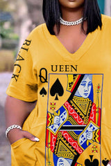 Poker Print Slant Pocket V Neck Dress