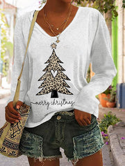 Christmas Leopard Christmas Tree Print V-Neck Long Sleeve T-Shirt