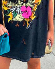 Skeleton Graphic Ripped Detail Oversized Tee Dress