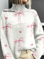 Merry Christmas Rosette Print Knit Turtleneck Pullover Sweater