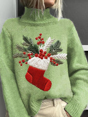 Christmas Printed Knitted Turtleneck Pullover