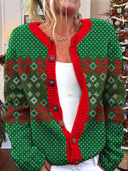 Christmas Green Printed Round Neck Long Sleeve Cardigan