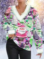 Pink Santa Print Fur Collar Sweatshirt
