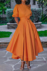 Solid Ruffle Hem Belted Long Dress