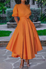 Solid Ruffle Hem Belted Long Dress