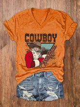 Cowboy Christmas Santa Print V-Neck T-Shirt