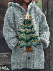 Retro Christmas Tree Comfort Knitted Hooded Cardigan