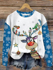 Christmas Deer Print Round Neck Long Sleeve Top