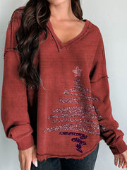 Christmas Print Long Sleeve V-neck Comfortable Cotton Shirt