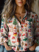 Watercolor Christmas Pattern Printed Casual Long Sleeve Comfortable Cotton Shirt