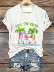 Deck The Palms Flamingo Tropical Christmas Lights Palm Tree Print T-Shirt