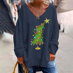 Christmas Tree Print V-Neck Long Sleeved Loose T-Shirt