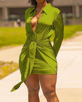 Satin Tie Front Button Up Split Cuff Mini Shirt Dress