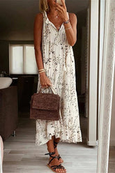 Floral Print Tie Neck Ruffle Trim Long Dress