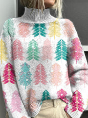 Pink Christmas Christmas Tree Pattern Art Print Knit Turtleneck Pullover Sweater