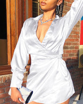 Solid Satin Wrap Over Mini Dress