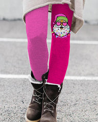 Pink Shiny Santa Color Block Casual Leggings