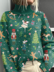 Green Christmas Nutcracker Christmas Tree Pattern Art Print Knit Turtleneck Pullover Sweater