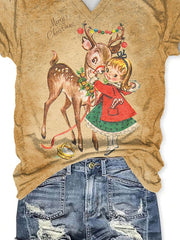 V-Neck Retro Merry Christmas Elk Print T-Shirt