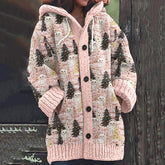 Christmas Tree Cat Print Long Sleeve Knitted Hooded Cardigan