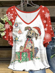 Christmas Cute Dog Snowflake Print V-Neck Ruffle Sleeve T-Shirt