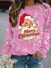 Pink Christmas Santa Print Loose Sweatshirt