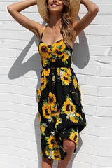Sunflower Pineapple Pattern Sling Open Back Sexy Dress