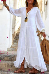 Button Through Ruffle Hem Linen Smock Dress