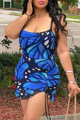 Allover Print Drawstring Ruched Mini Cami Dress