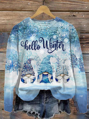 Vintage Christmas Hello Winter Gnomes Print Sweatshirt