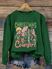 Western Christmas Cowgirl Print Crewneck Sweatshirt